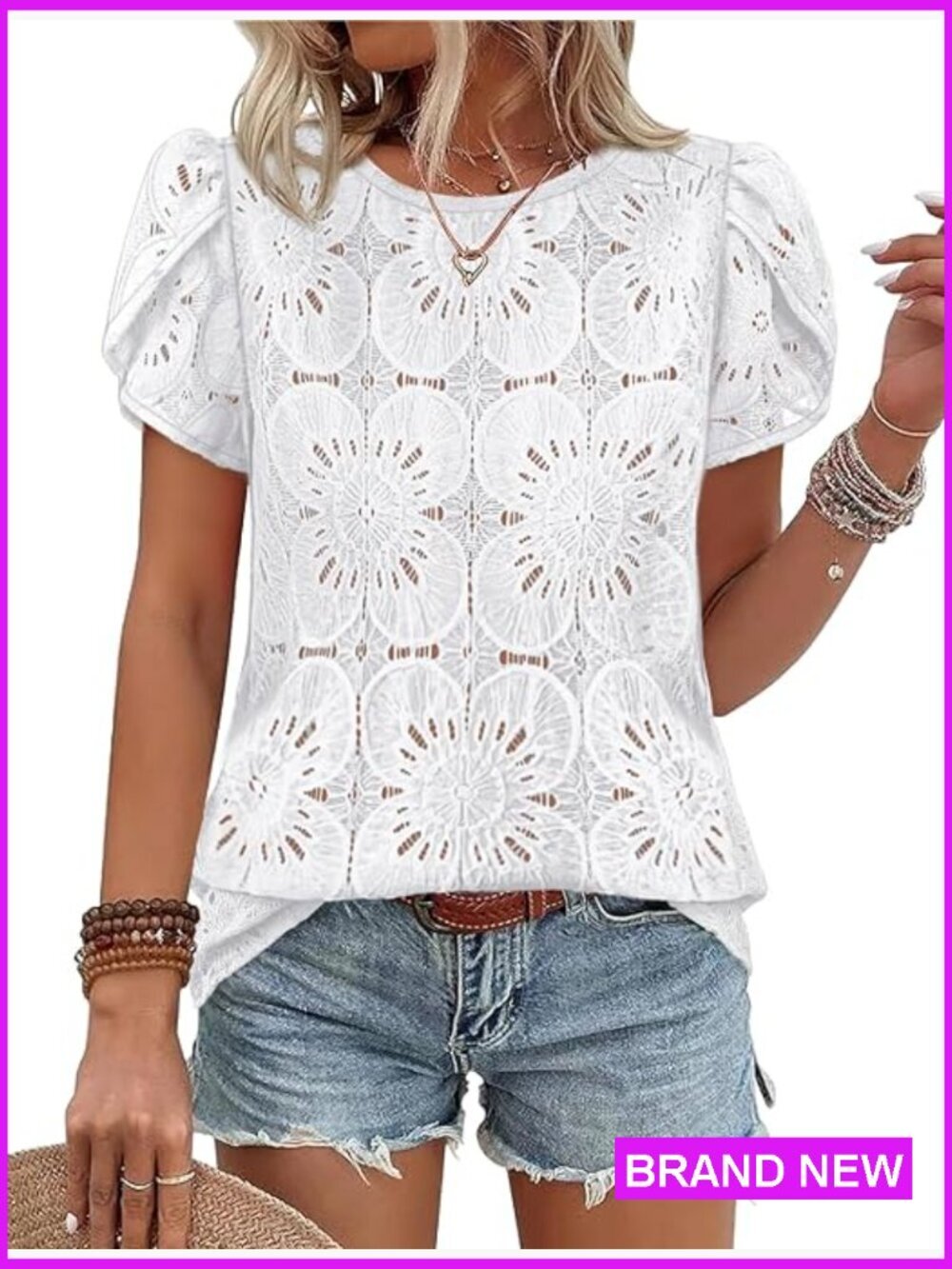Crochet Lace Boho Top Petal Sleeve Blouse Flowy Casual Spring Summer